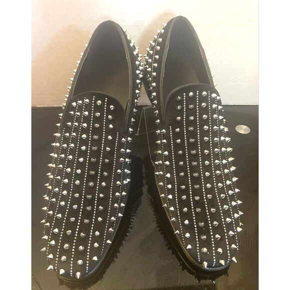 AM Exclusive Black With Silver Rhinestones & Spikes Slip-on Red Bottom Size 9.5M - Picture 2 of 12